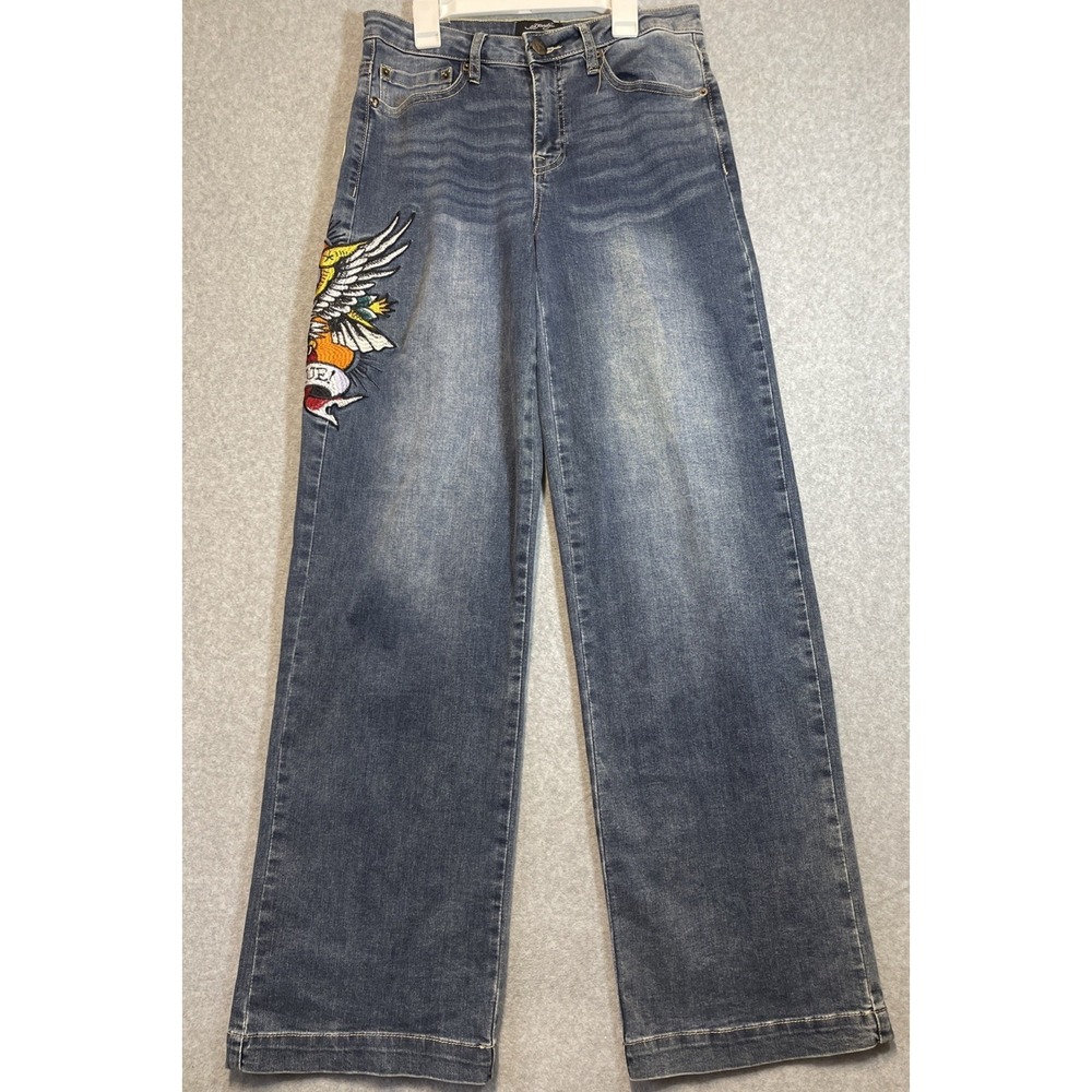 Ed Hardy Women's Blue Wide Leg Jeans Embroidered Brave Hearts Stay True Sz 28